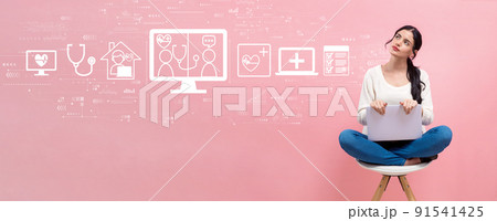 Telehealth theme with woman using a laptop Telehealth theme with woman using a laptop 91541425