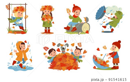 Rainy day children. Funny kids play with foliage. Outdoor leisure games. Autumn weather. Girls and boys in warm clothes with umbrellas. Happy persons walking in park. Splendid vector set 91541615