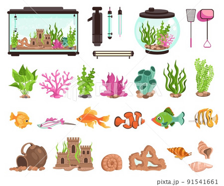 Aquarium elements. Decorative fish s habitat. Containers various shapes with water and algae. Underwater rocks and corals. Fishbowl filters. Goldfishes and shells. Splendid vector set Aquarium elements. Decorative fish s habitat. Containers various shapes with water and algae. Underwater rocks and corals. Fishbowl filters. Goldfishes and shells. Splendid vector set 91541661