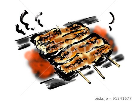 鰻のかば焼きを焼いている手描き和風イラストのイラスト素材