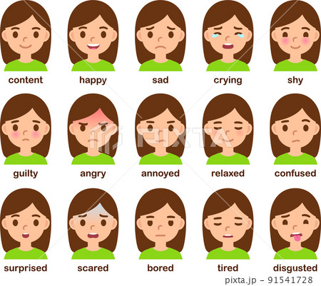 Cartoon girl face with different emotions Cartoon girl face with different emotions 91541728