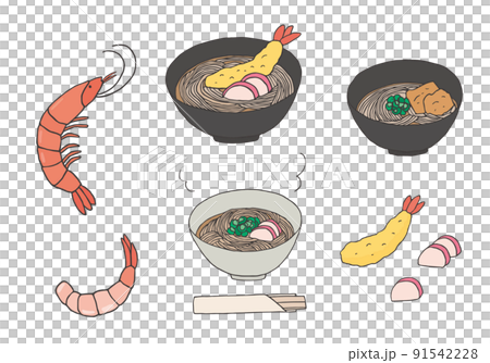 えびと蕎麦の手描きイラストセット（カラー） 91542228