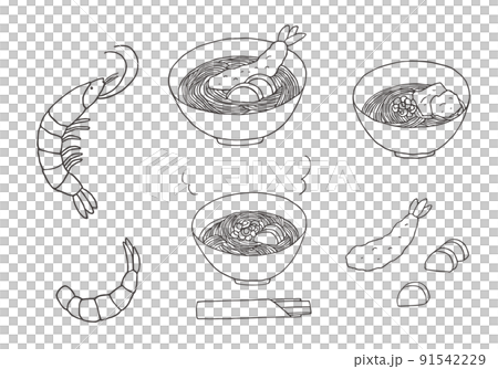 Hand-drawn illustration set of shrimp and soba (monochrome) Hand-drawn illustration set of shrimp and soba (monochrome) 91542229