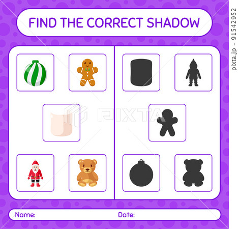 Find the correct shadows game with christmas icon. worksheet for preschool kids, kids activity sheet 91542952