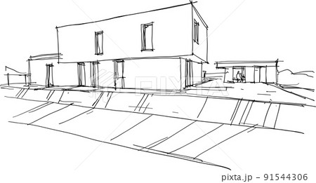 hand drawn architectural sketches of modern one story detached house with garden and garden house hand drawn architectural sketches of modern one story detached house with garden and garden house 91544306