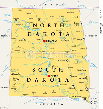 The Dakotas, political map. Collective term for the U.S. states of North Dakota and South Dakota, in the Upper Midwest and North Central. Used to describe the Dakota Territory and collective heritage. 91544362