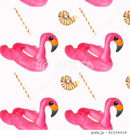 Pink flamingo watercolor swimming circle, shell sea and straw for cocktail. watercolor seamless pattern 91544414