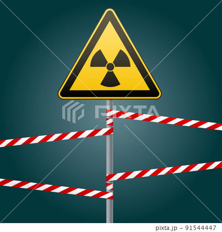 Warning sign on a pole and warning bands. Sign of radiation hazards. Vector illustration. 91544447