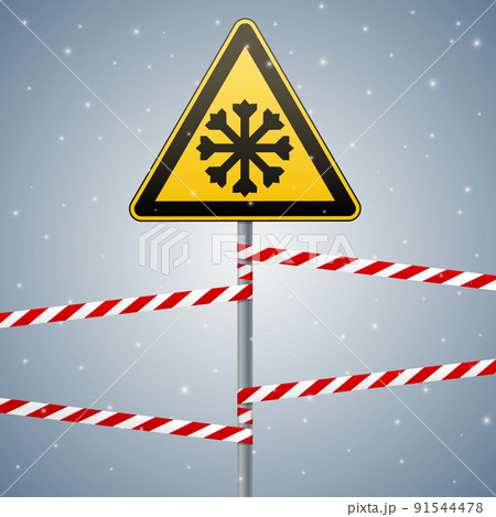 Carefully cold. Warning sign safety. pillar with sign and warning bands. Vector Image. 91544478