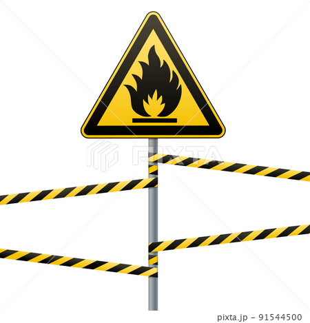 Caution - fire hazard Combustible environment. Flammable liquids or surface. Barrier tape. Vector illustrations. Caution - fire hazard Combustible environment. Flammable liquids or surface. Barrier tape. Vector illustrations. 91544500
