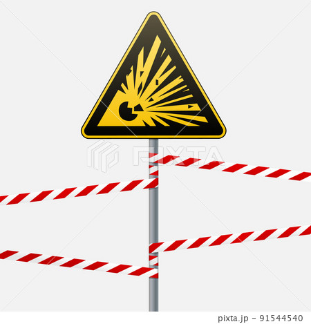 Caution - danger Warning sign safety. Explosive substances. A yellow triangle with a black image. The sign on the pole and protecting ribbons. Vector Image. 91544540