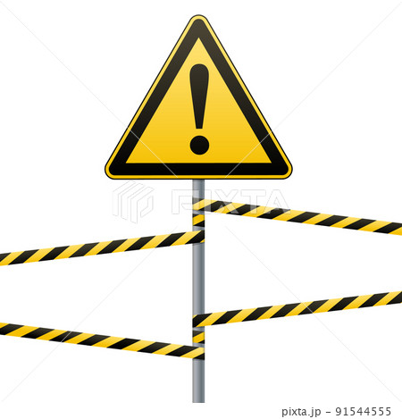 Caution - danger Warning sign safety. A yellow triangle with black image. The on the pole and protecting ribbons. Vector . 91544555