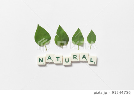 Natural formed of scrabble tiles with tree leaves. 91544756