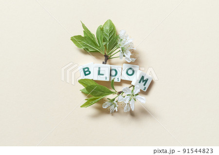 Scrabble tiles with spring bloom on beige background. 91544823
