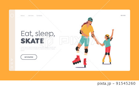 Family Skate Activity Landing Page Template. Mother and Little Daughter Rollerblading. Leisure, Sport Spare Time 91545260