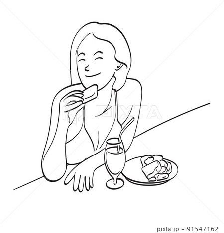 woman in bikini eating snack and juice in swimming pool illustration vector hand drawn isolated on white background line art. woman in bikini eating snack and juice in swimming pool illustration vector hand drawn isolated on white background line art. 91547162
