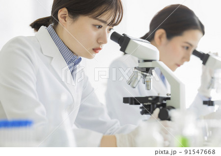 顕微鏡を覗く白衣の女性 研究 実験 91547668
