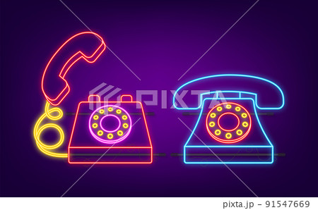 Red old phone in classic style on white background. Neon vector illustration 91547669