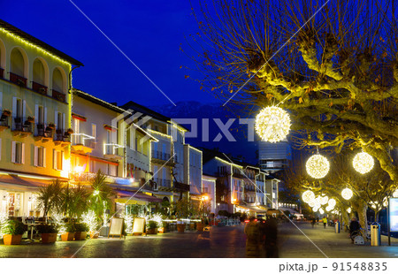 Evening view of Ascona old center, Switzerland Evening view of Ascona old center, Switzerland 91548835