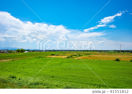圏央道荒川橋 梅雨明けの河川敷と積乱雲と高速道路 2022.06末　a-1 鮮やか 91551812
