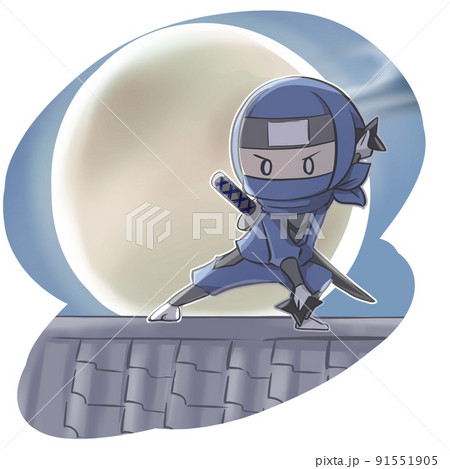 夜の屋根の上で戦う忍者のイラスト 91551905