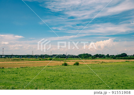 圏央道荒川橋 梅雨明けの河川敷と積乱雲と高速道路 2022.06末　e-2 ナチュラル 91551908