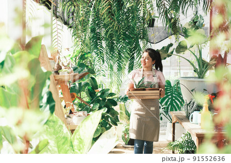 Happy small business owner at a plant shop.. 91552636