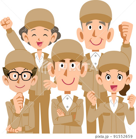 ベージュ色の作業着を着た様々な年代のスタッフ 91552659