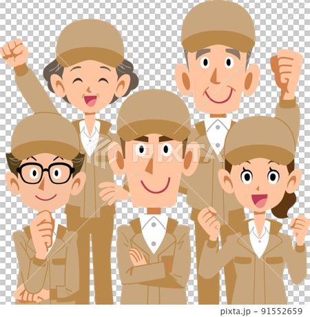 ベージュ色の作業着を着た様々な年代のスタッフ 91552659