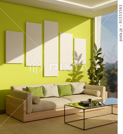 Modern trendy home living room interior with comfortable sofa and frame mockup on green wall. Modern trendy home living room interior with comfortable sofa and frame mockup on green wall. 91553563