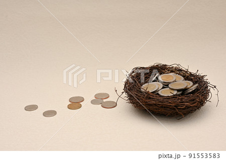Thai baht or THB, Coins of Thailand in a bird nest on beige background. 91553583