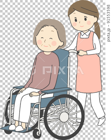 一位護士推著一位高級婦女乘坐的輪椅 一位護士推著一位高級婦女乘坐的輪椅 91553598