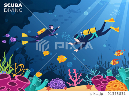 Scuba Diving with Underwater Swimming Equipment for Exploring Coral Reef, Sea Flora and Fauna or Fish in the Ocean in Flat Cartoon Vector Illustration Scuba Diving with Underwater Swimming Equipment for Exploring Coral Reef, Sea Flora and Fauna or Fish in the Ocean in Flat Cartoon Vector Illustration 91553831