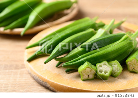 Fresh green okra, Organic vegetable, Asian food ingredients 91553843