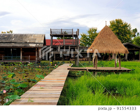 Ecology cafe in nature trend. wooden hut in rice field near stream. cafe in rice field. 91554333