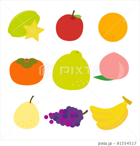 Cartoon cute bright colors fruits set. Carambola, apple, orange, persimmon, pomelo, peach, pear, grapes, banana collection. Isolated on white background, flat design, vector, illustration, EPS10 Cartoon cute bright colors fruits set. Carambola, apple, orange, persimmon, pomelo, peach, pear, grapes, banana collection. Isolated on white background, flat design, vector, illustration, EPS10 91554517