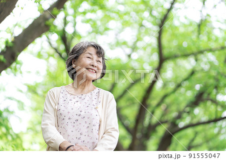 公園で散歩するシニア女性 公園で散歩するシニア女性 91555047