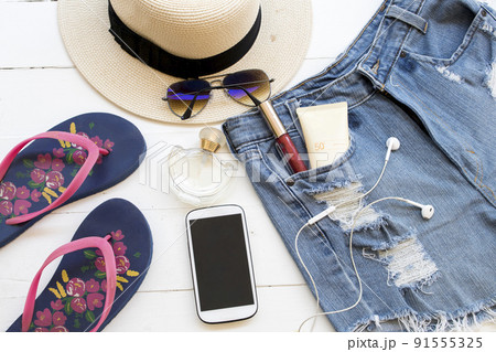 accessories of lifestyle woman relax summer arrangement flat lay style  91555325