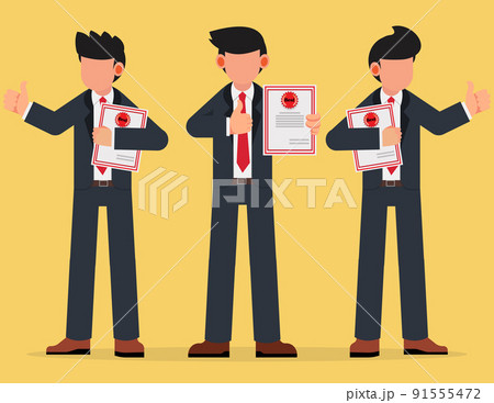 Group of business people standing holding certificates or diplomas and giving thumbs up. 91555472
