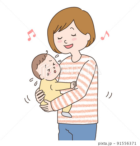 泣いている赤ちゃんを歌声であやすお母さんの上半身のイラスト 91556371