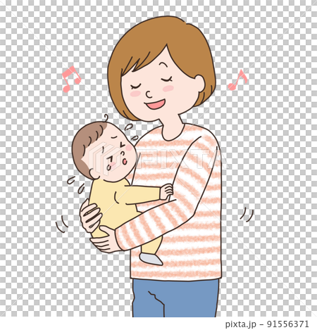 泣いている赤ちゃんを歌声であやすお母さんの上半身のイラスト 91556371