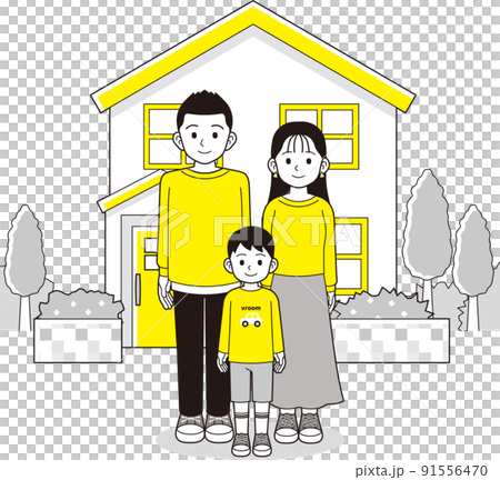 一軒家の前に立つ夫婦と息子 91556470