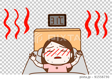 熱帯夜の中ベッドで顔が真っ赤に熱中症になりそうになっている女性 91556730