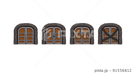 Medieval wooden doors, closed gates for game 91556812