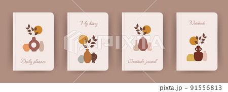 Cover page notebook collection. Templates with abstract vases in boho style. Perfect for diary, books, magazines, journals, catalogs, planners and flyers. Vector layouts 91556813
