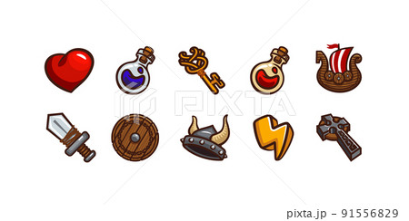 Game icons with viking helmet, sword, potion, ship 91556829