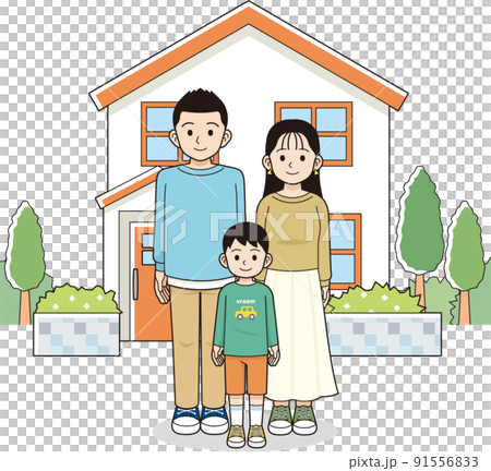 一對夫婦和一個男孩站在有輪廓線的房子前 一對夫婦和一個男孩站在有輪廓線的房子前 91556833