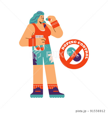 Sportswoman character takes pills flat style, vector illustration 91556912