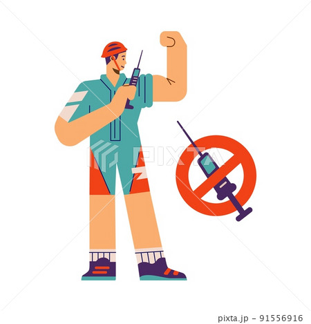 Man injecting with doping syringe, flat vector illustration isolated on white background. 91556916