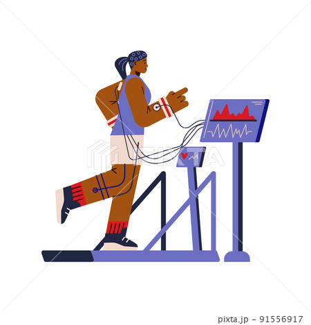 Sportswoman running on treadmill, many sensors, measuring vital signs flat style 91556917
